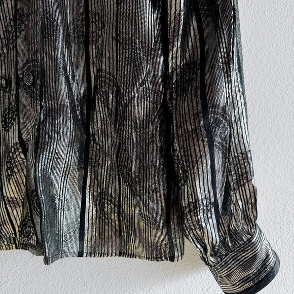 Black and‎ Silver Metalic Blouse Vintage Silver Button Up - Picture 2 of 5